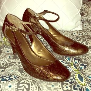 Brown patent heels with ankle strap